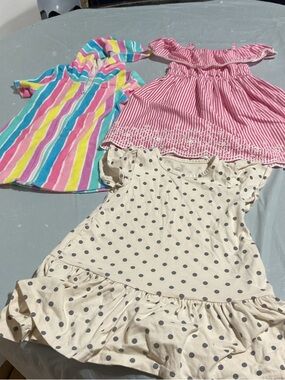 Girls Polka Dot Cream Dress + Pink Stripe & Rainbow Stripe Dresses - Set 1025